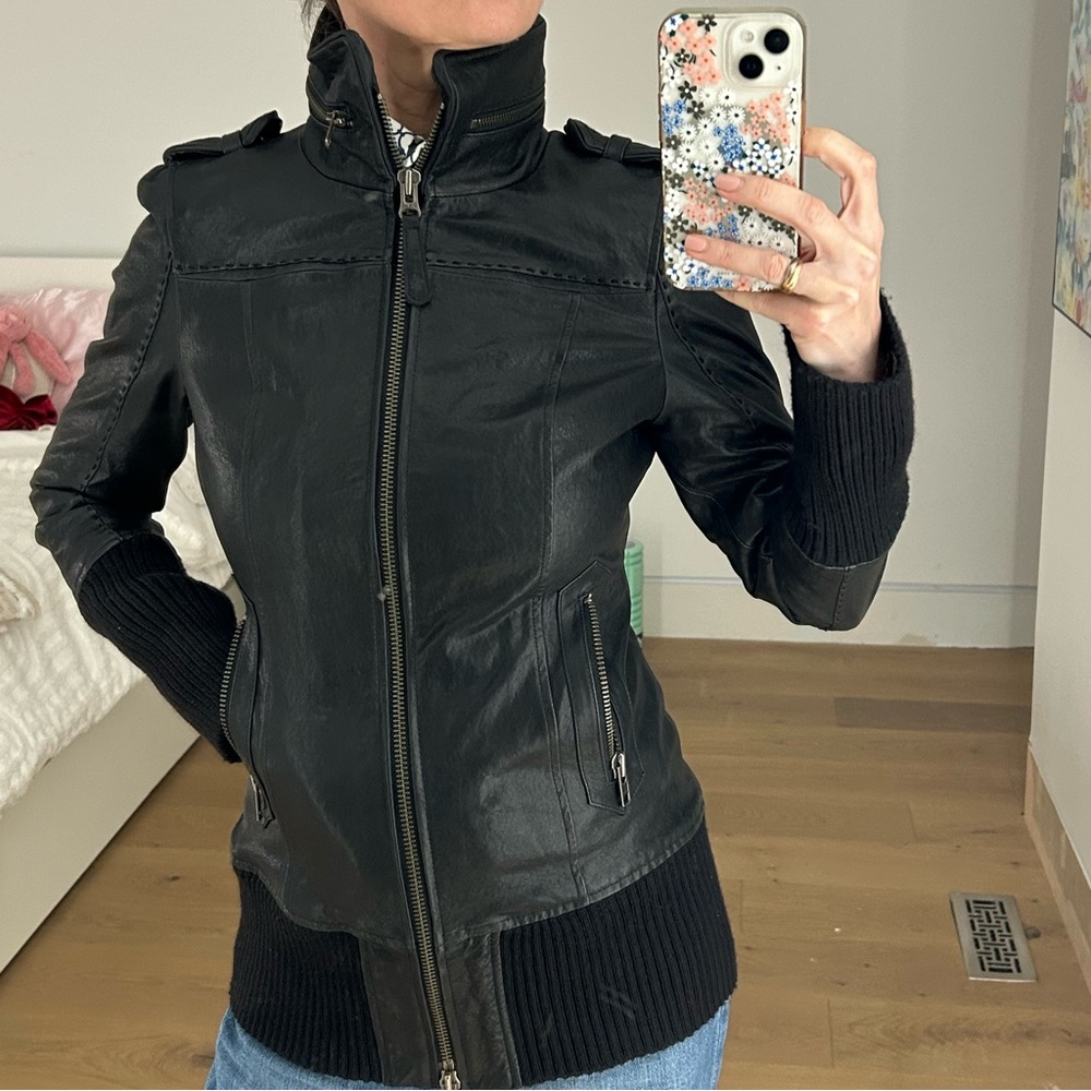 Mackage Black Leather Jacket with Ribbed Accents